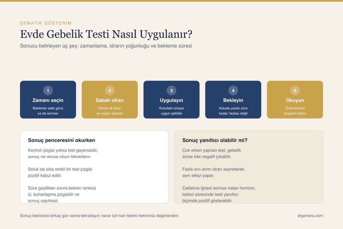 Evde kullanılan idrar gebelik testinin uygulama adımlarını genel olarak gösteren sade, şematik bir çizim