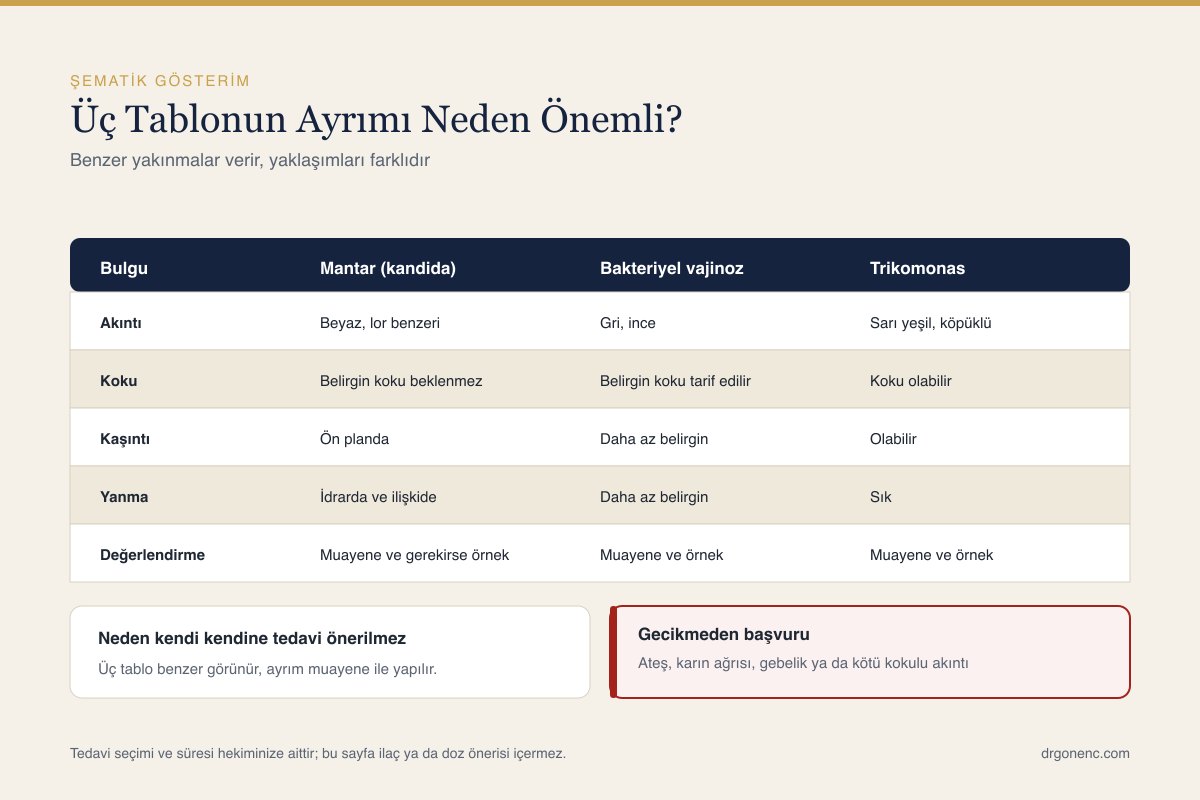 Vajinal mantar enfeksiyonunun değerlendirilmesinde izlenen adımları gösteren şematik çizim